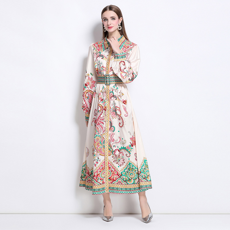 Single-breasted flowers printing dress