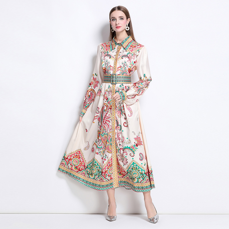 Single-breasted flowers printing dress