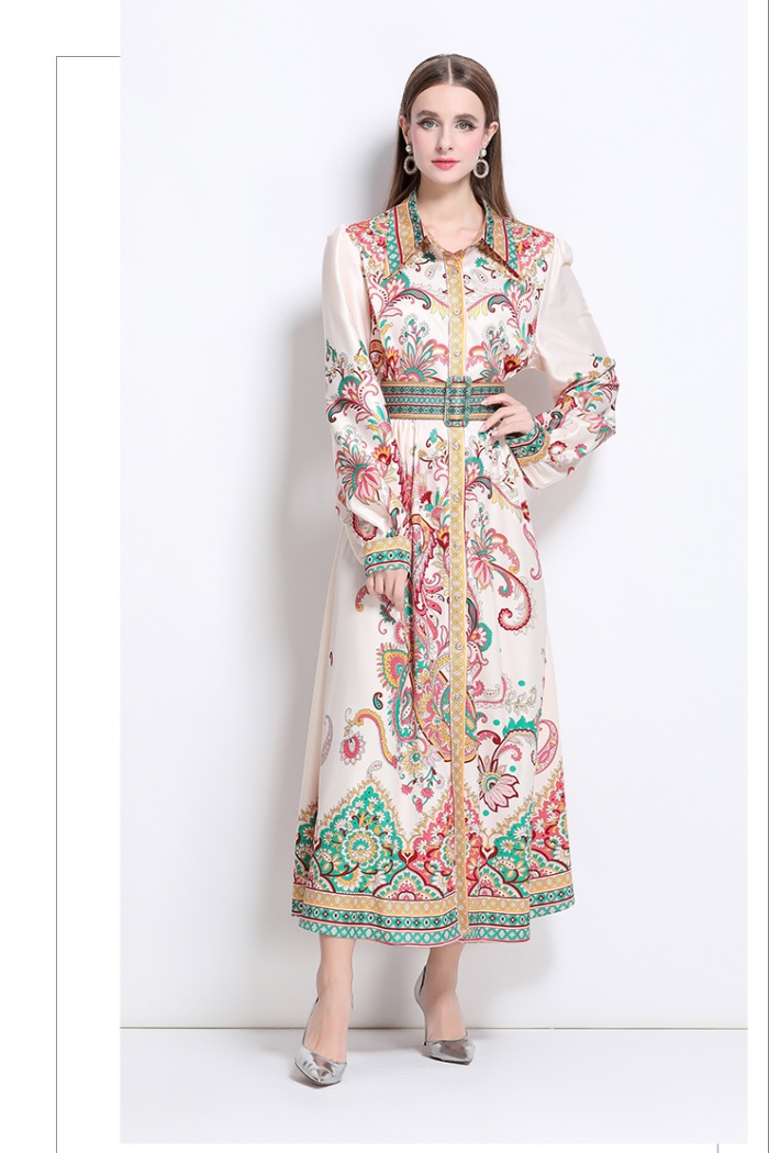 Single-breasted flowers printing dress