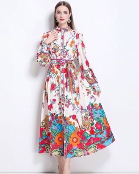 European style printing cstand collar dress