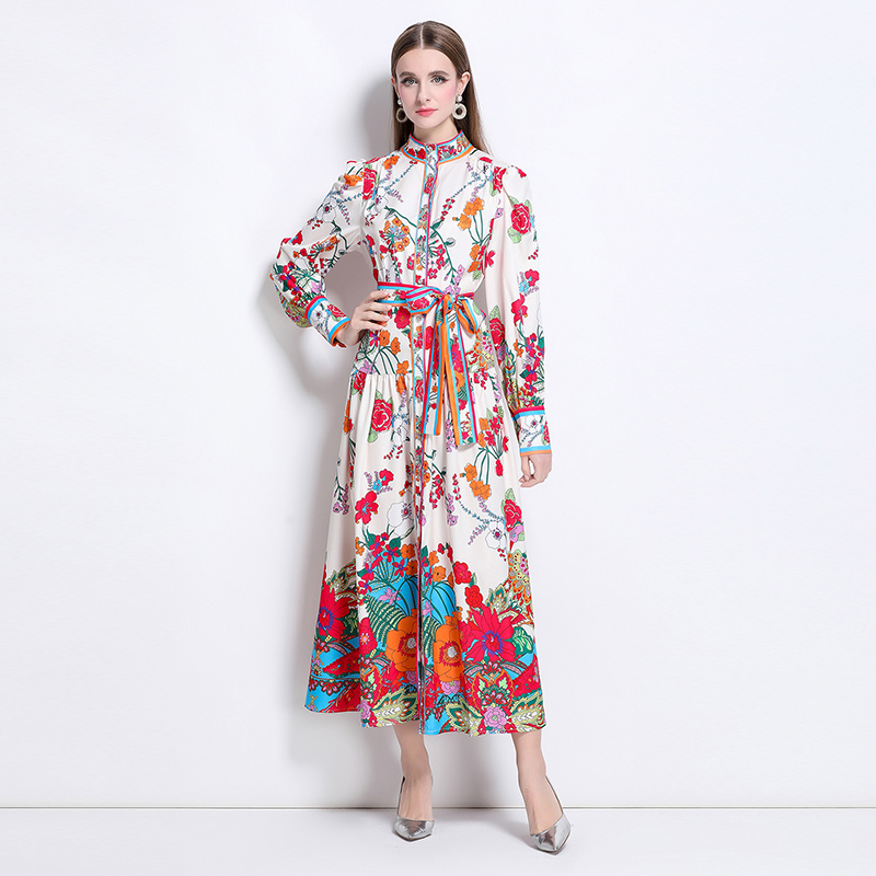 European style printing cstand collar dress