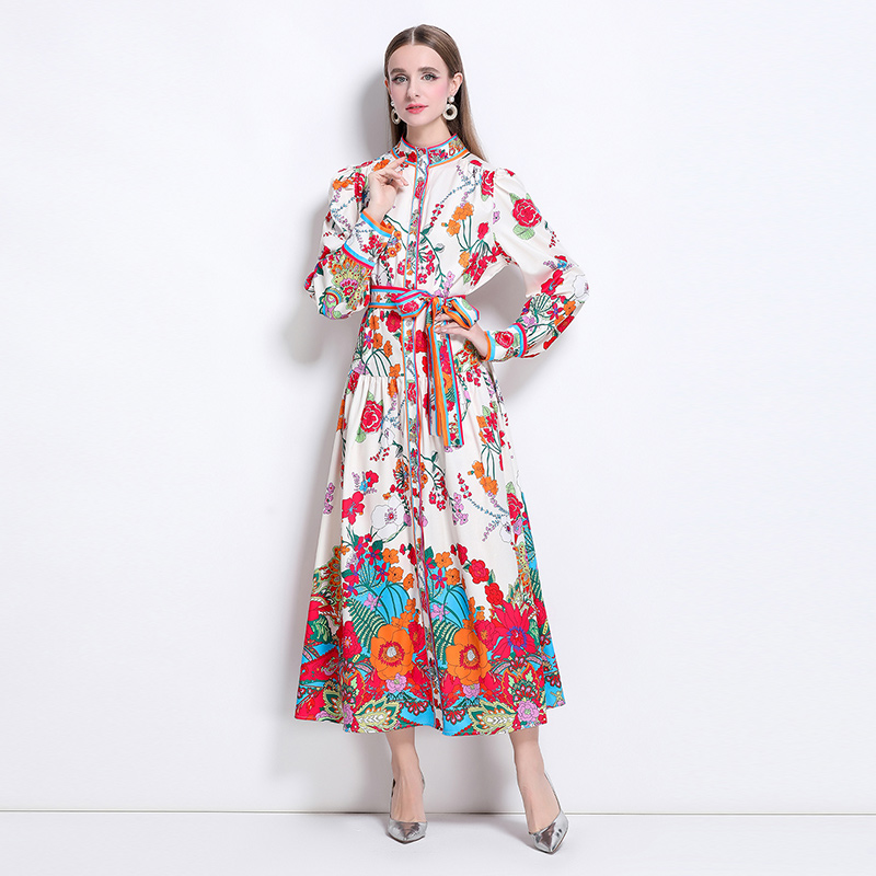 European style printing cstand collar dress