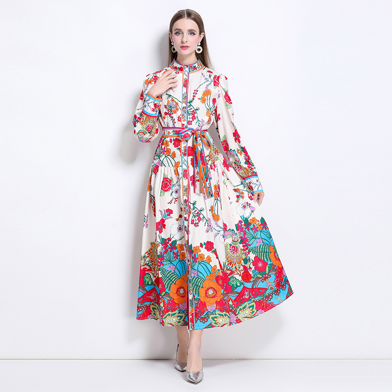 European style printing cstand collar dress