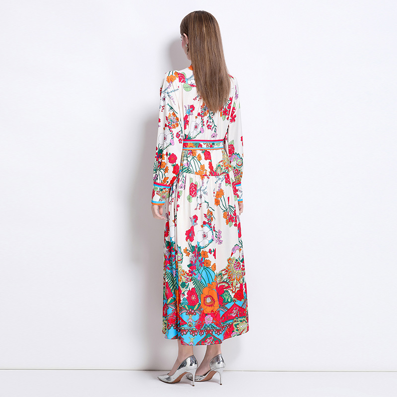 European style printing cstand collar dress
