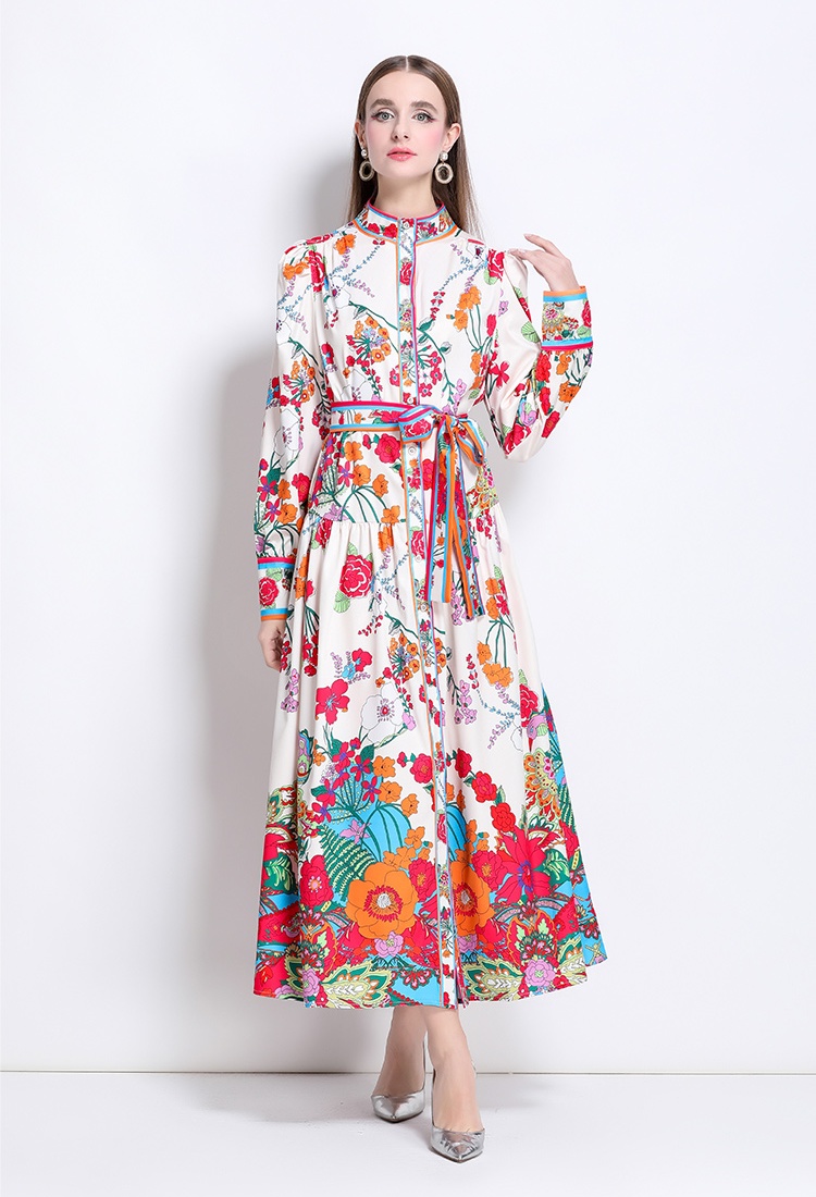 European style printing cstand collar dress