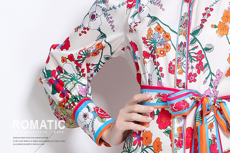 European style printing cstand collar dress