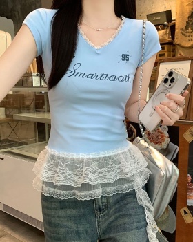 Short summer hem slim tops short sleeve V-neck T-shirt