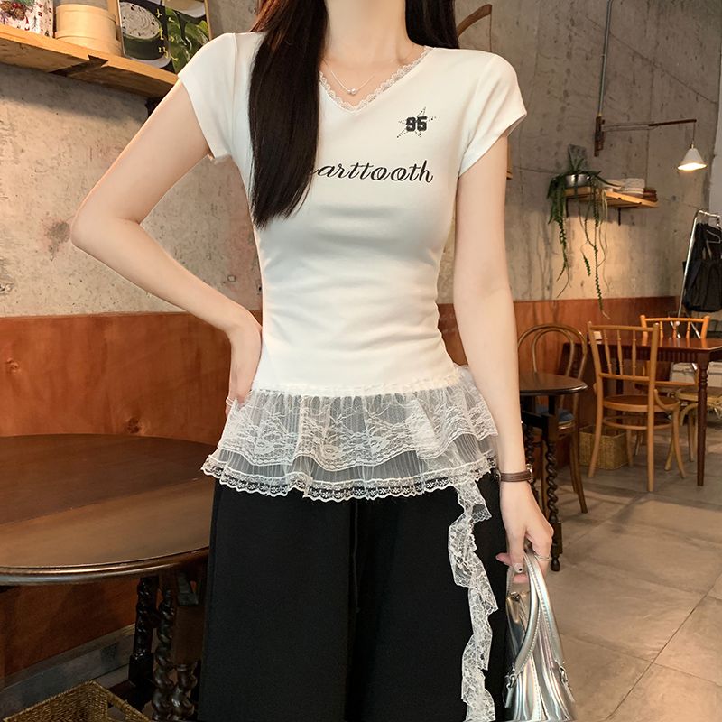 Short summer hem slim tops short sleeve V-neck T-shirt