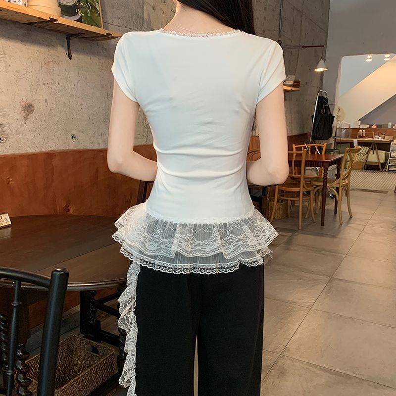 Short summer hem slim tops short sleeve V-neck T-shirt