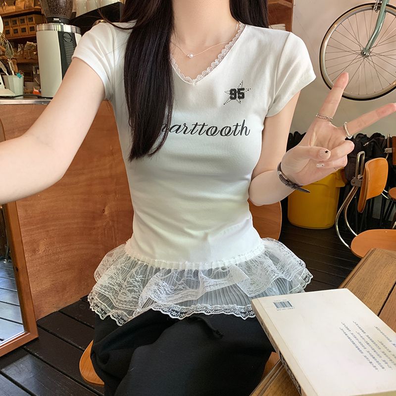 Short summer hem slim tops short sleeve V-neck T-shirt