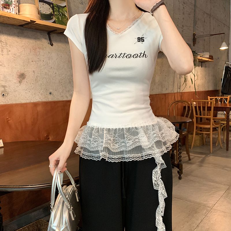 Short summer hem slim tops short sleeve V-neck T-shirt