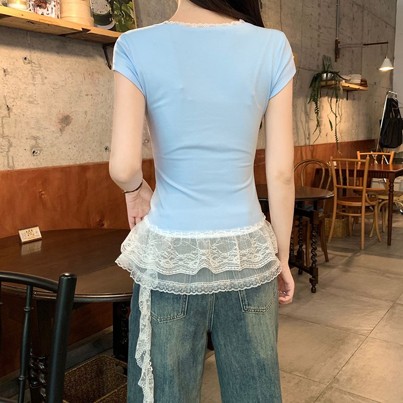 Short summer hem slim tops short sleeve V-neck T-shirt
