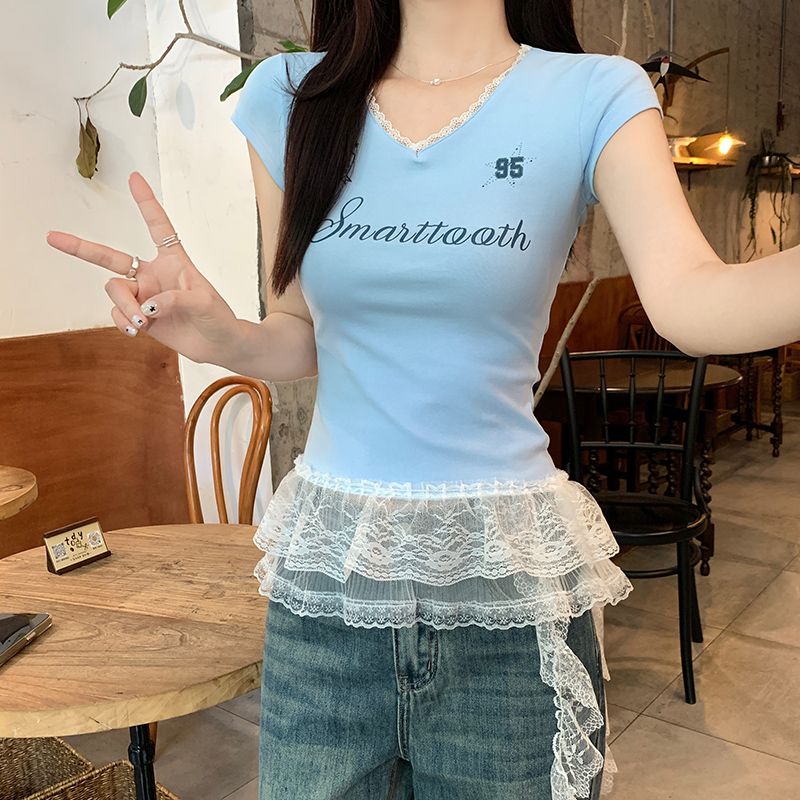 Short summer hem slim tops short sleeve V-neck T-shirt