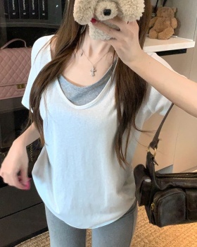 Pure V-neck tops summer cotton T-shirt for women
