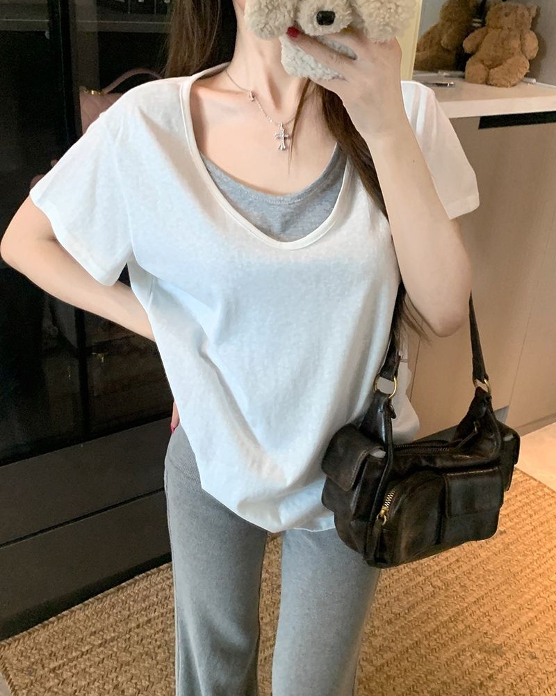 Pure V-neck tops summer cotton T-shirt for women