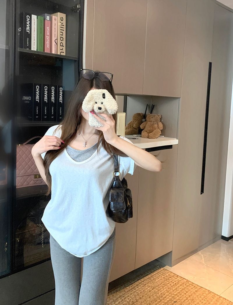 Pure V-neck tops summer cotton T-shirt for women