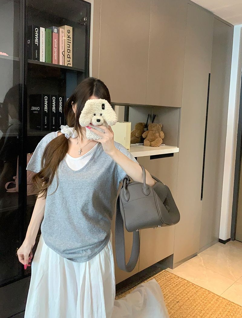 Pure V-neck tops summer cotton T-shirt for women