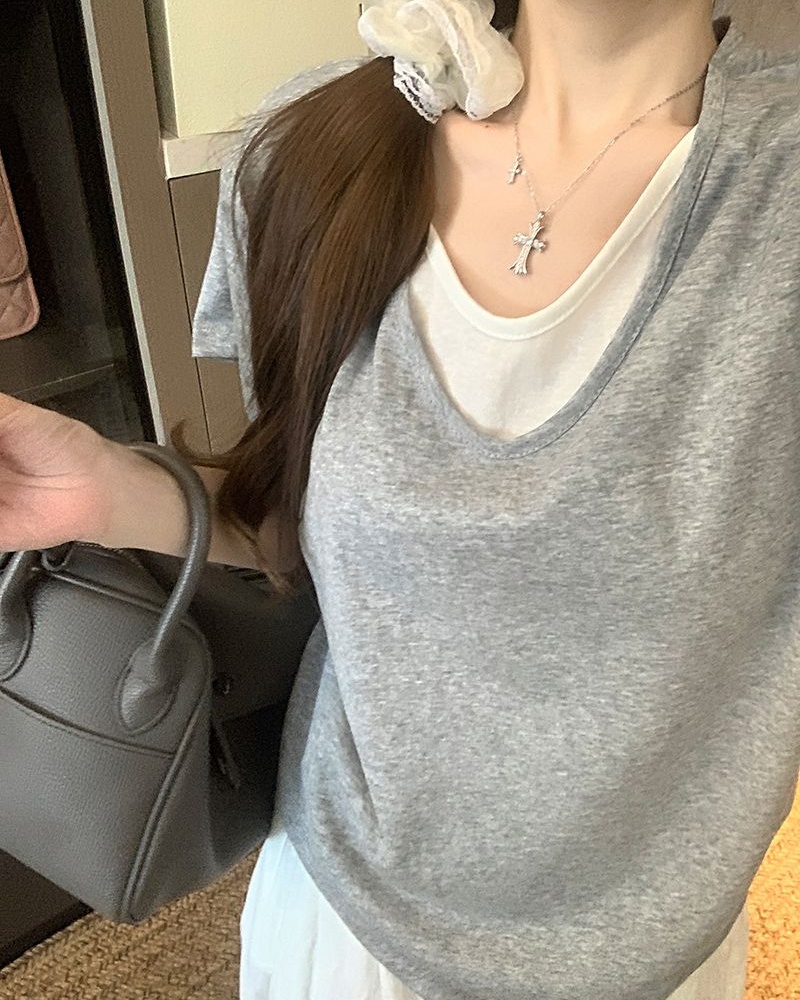 Pure V-neck tops summer cotton T-shirt for women