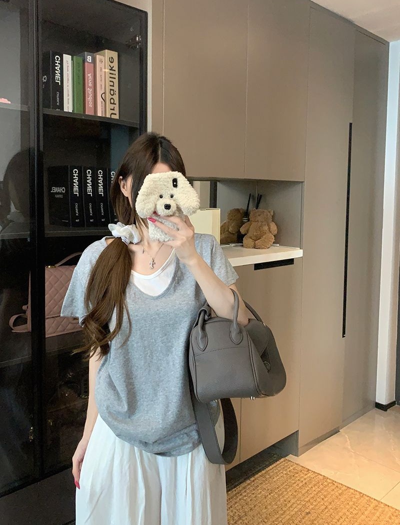 Pure V-neck tops summer cotton T-shirt for women