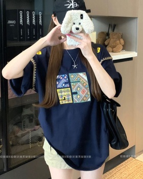 Short sleeve long T-shirt double yarn loose tops for women