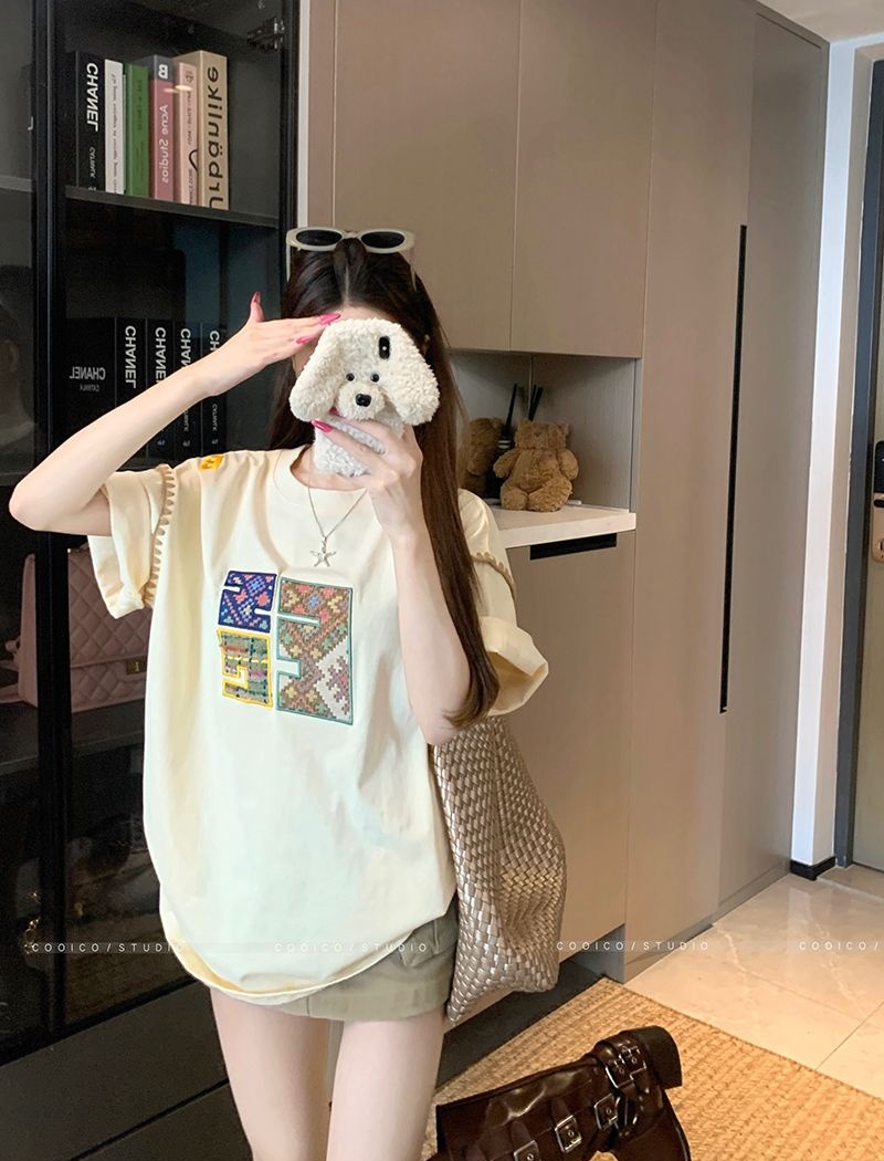 Short sleeve long T-shirt double yarn loose tops for women