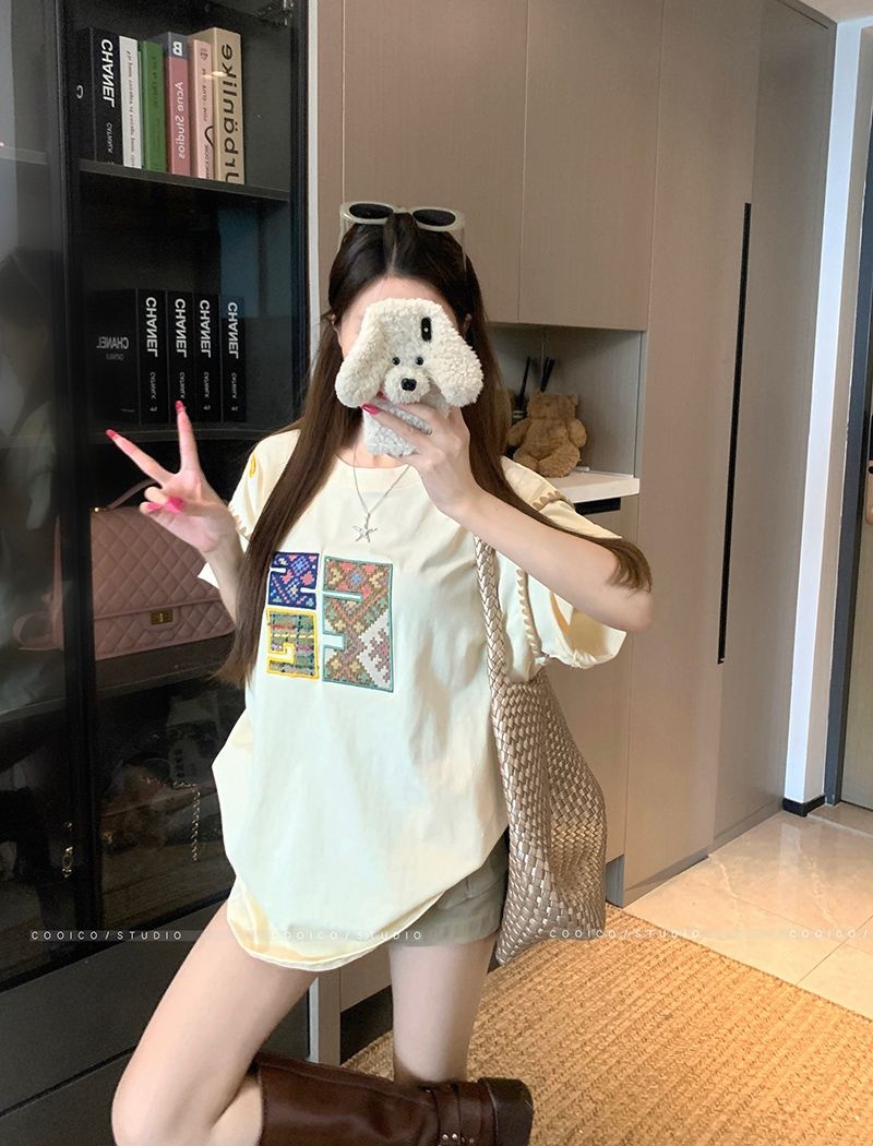 Short sleeve long T-shirt double yarn loose tops for women