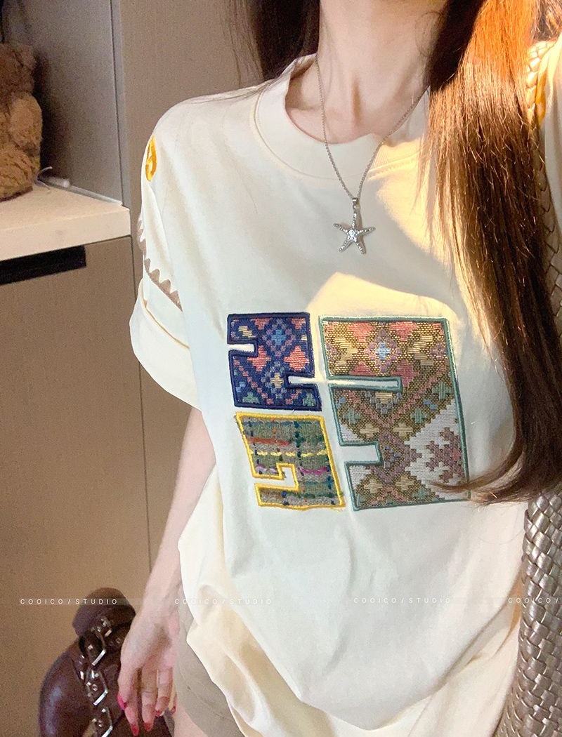 Short sleeve long T-shirt double yarn loose tops for women