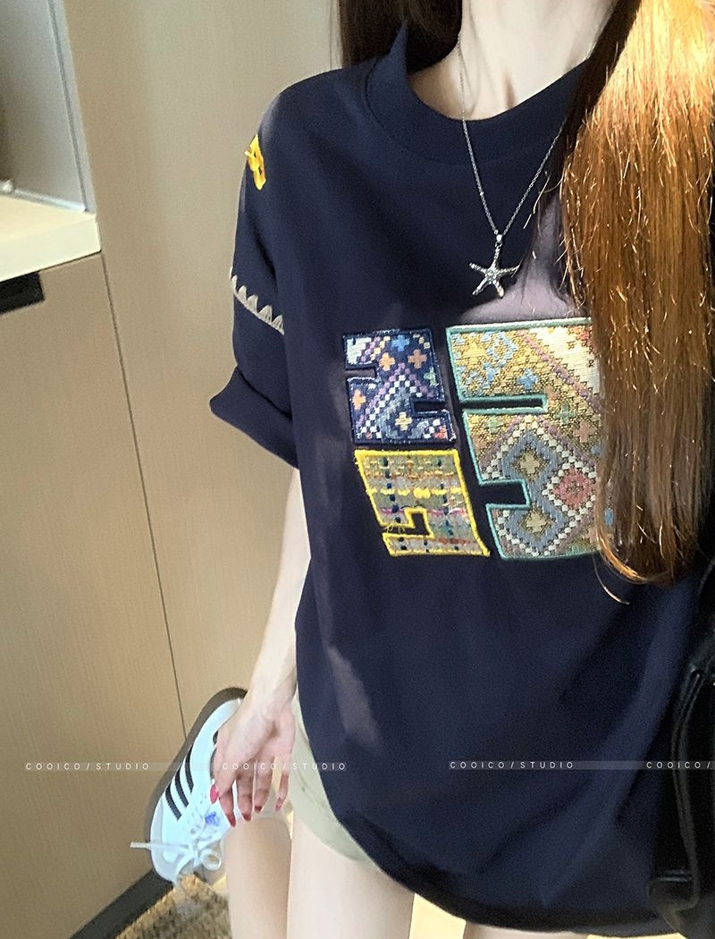 Short sleeve long T-shirt double yarn loose tops for women