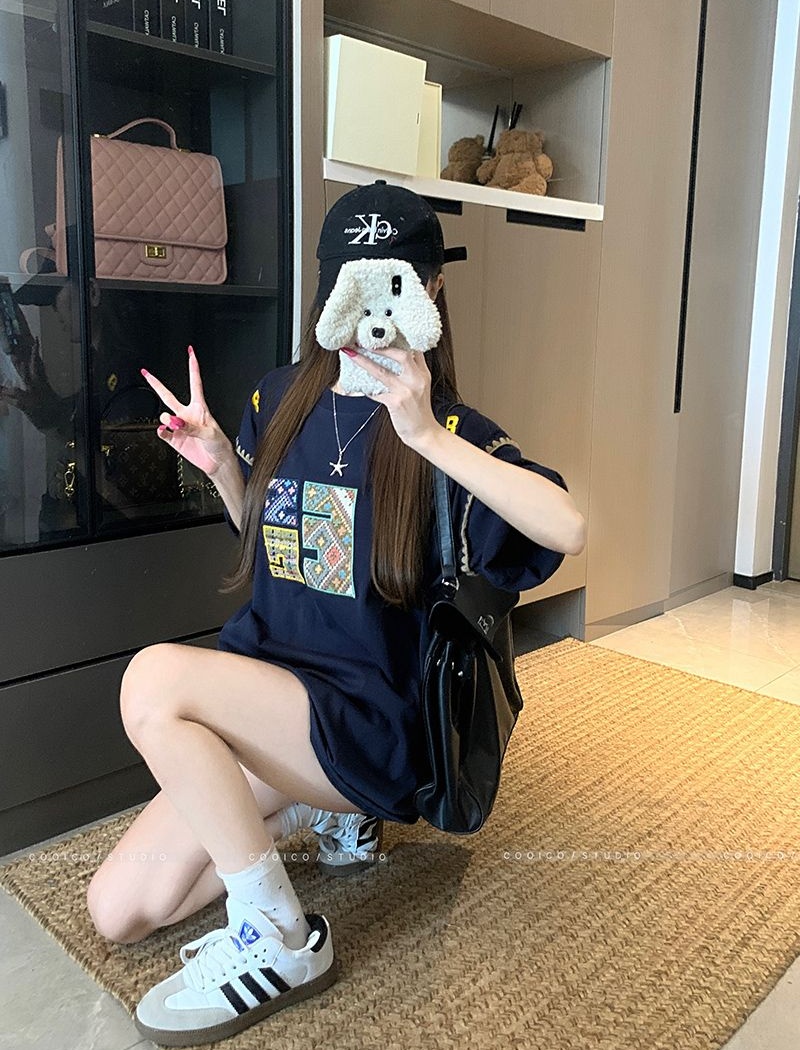 Short sleeve long T-shirt double yarn loose tops for women
