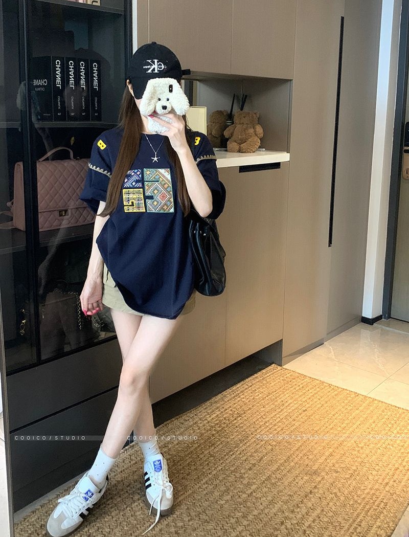 Short sleeve long T-shirt double yarn loose tops for women