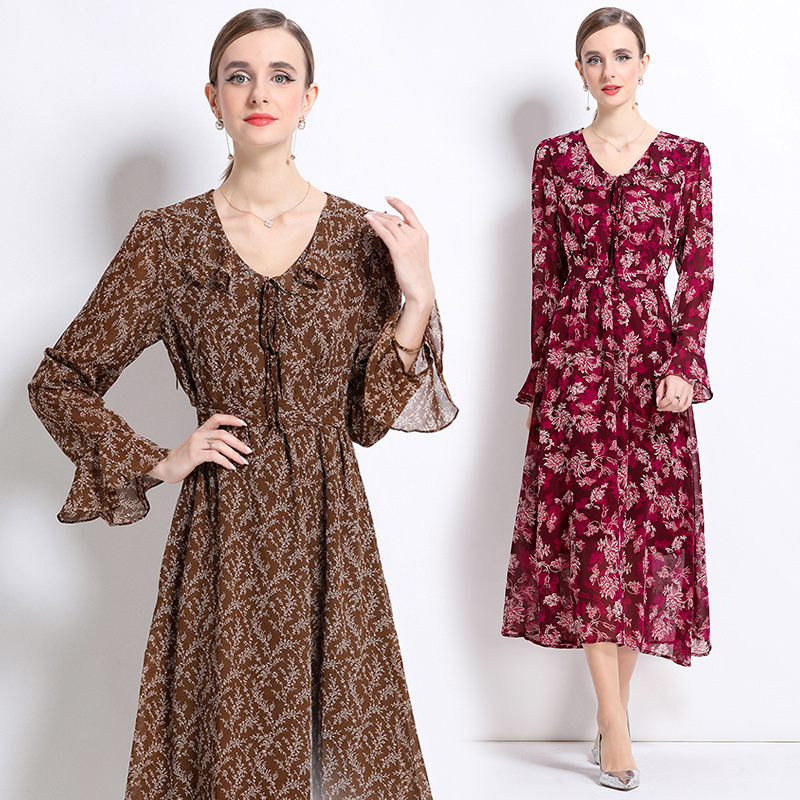 Floral European style dress slim Casual long dress