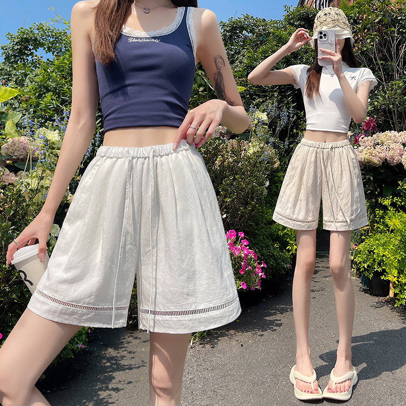 Flax ice silk pants hollow splice shorts for women