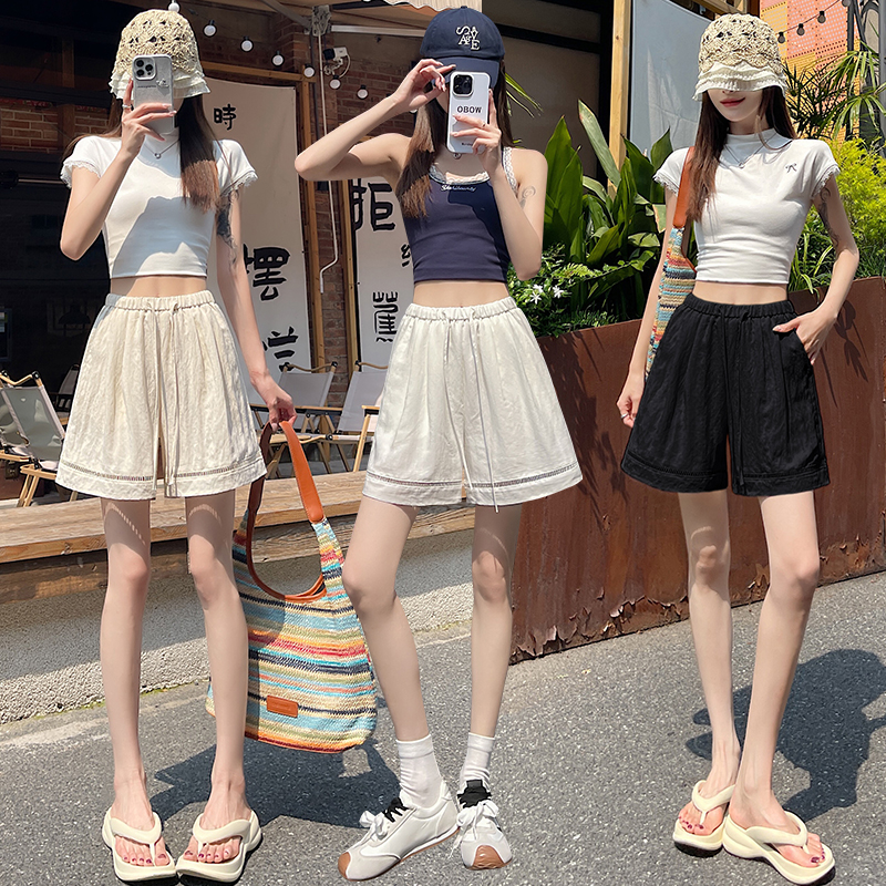 Flax ice silk pants hollow splice shorts for women