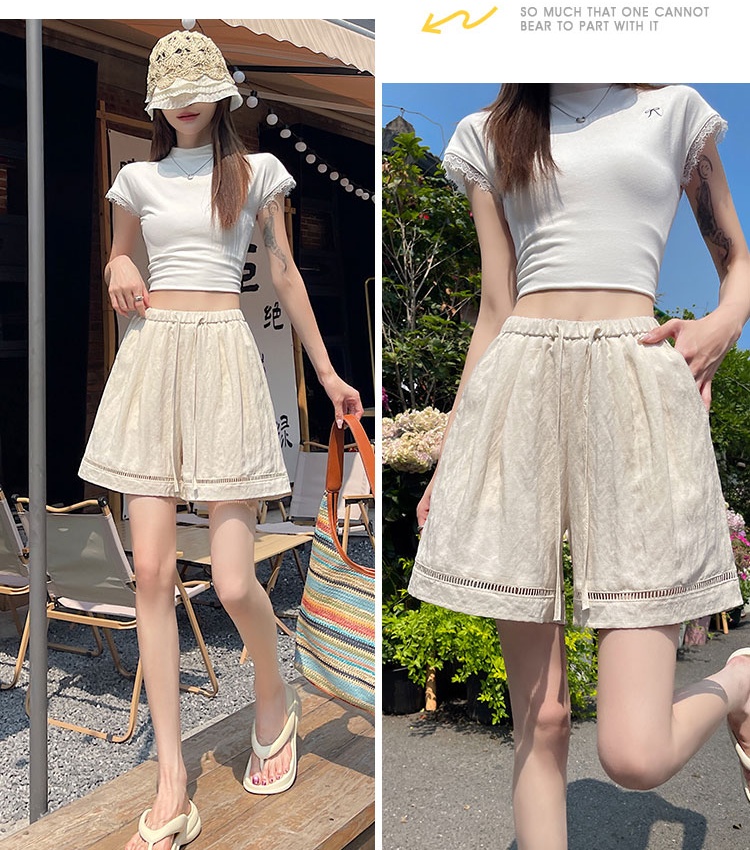 Flax ice silk pants hollow splice shorts for women