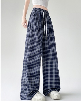 Wicking simple loose high waist plaid long pants for women