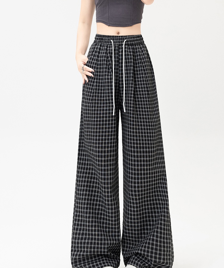 Wicking simple loose high waist plaid long pants for women