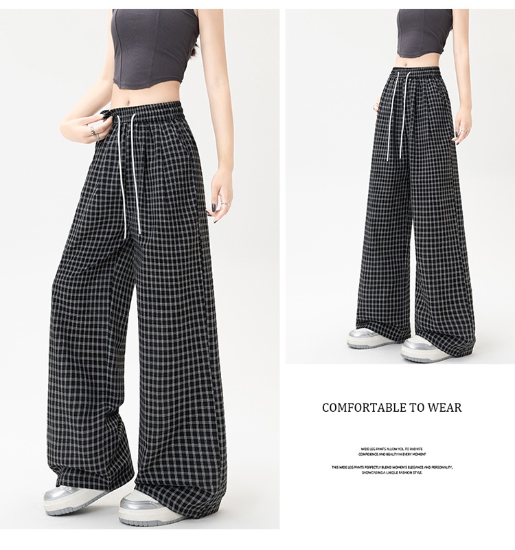 Wicking simple loose high waist plaid long pants for women