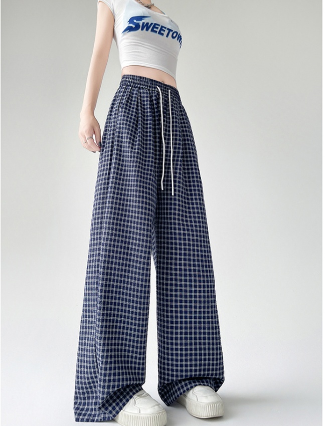 Wicking simple loose high waist plaid long pants for women