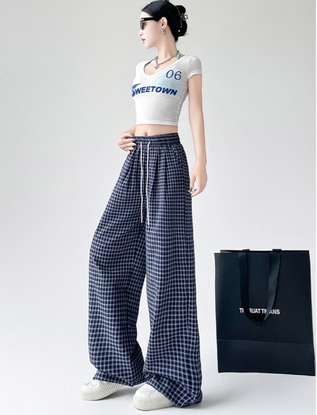 Wicking simple loose high waist plaid long pants for women