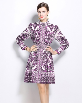 Printing with belt cardigan cstand collar retro dress
