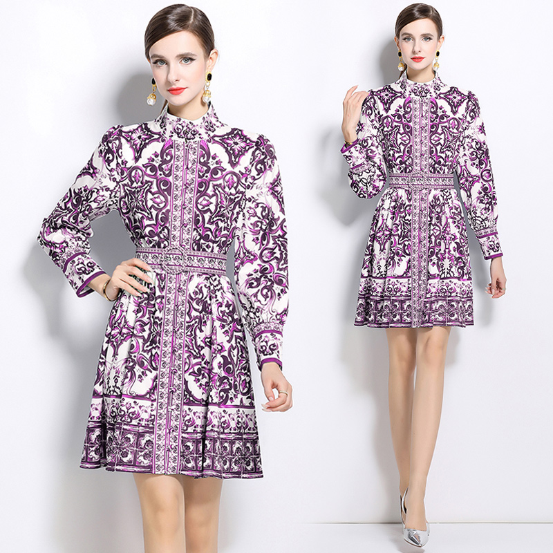 Printing with belt cardigan cstand collar retro dress
