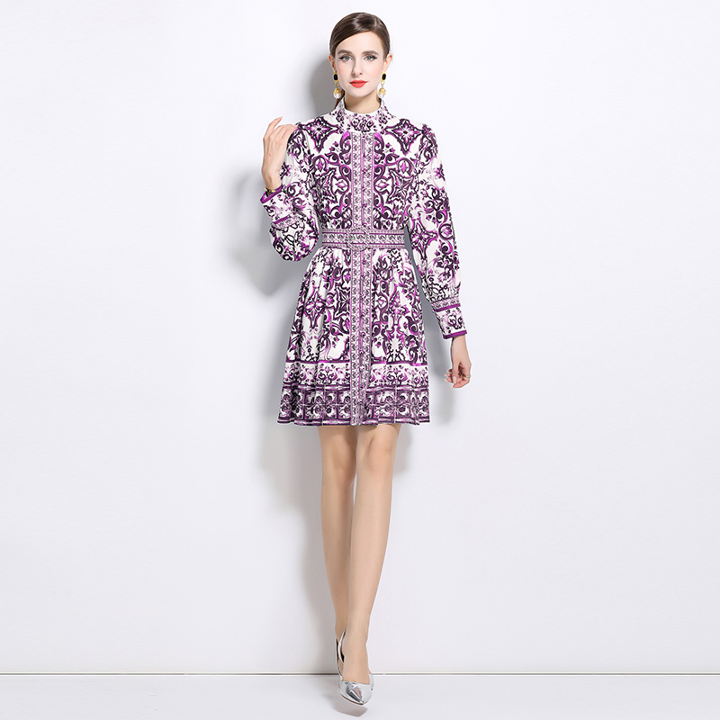 Printing with belt cardigan cstand collar retro dress