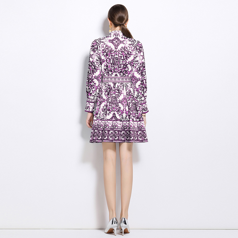 Printing with belt cardigan cstand collar retro dress