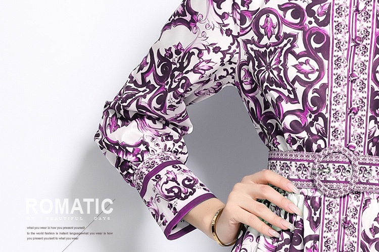 Printing with belt cardigan cstand collar retro dress