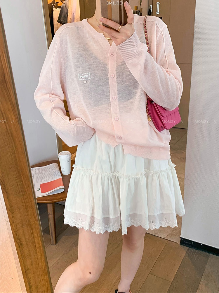 Round neck knitted pure tops long sleeve loose cardigan