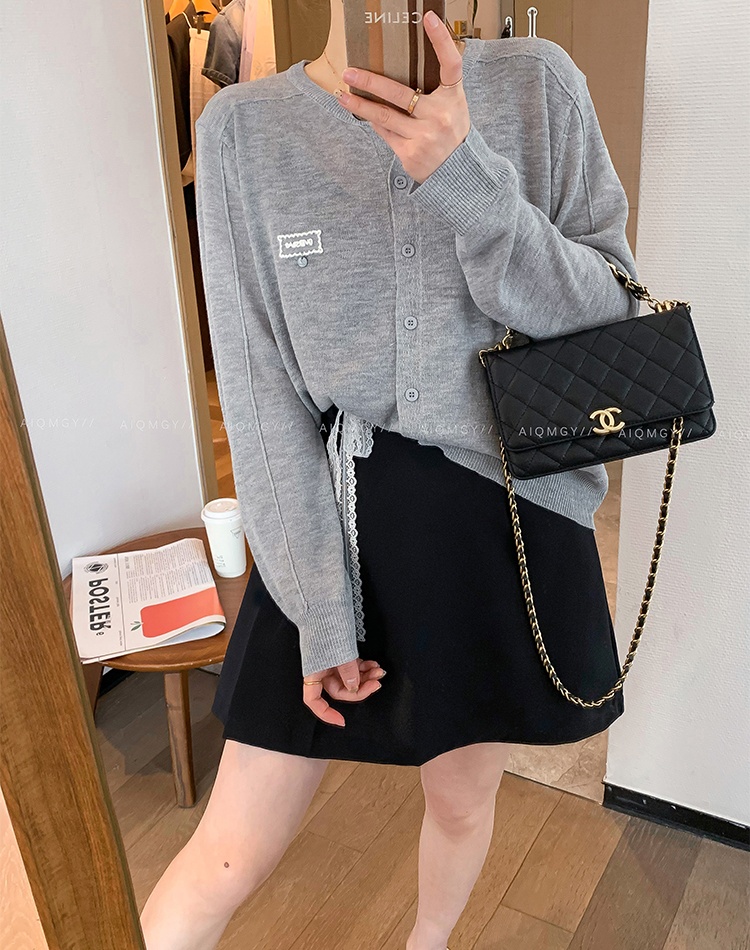 Round neck knitted pure tops long sleeve loose cardigan