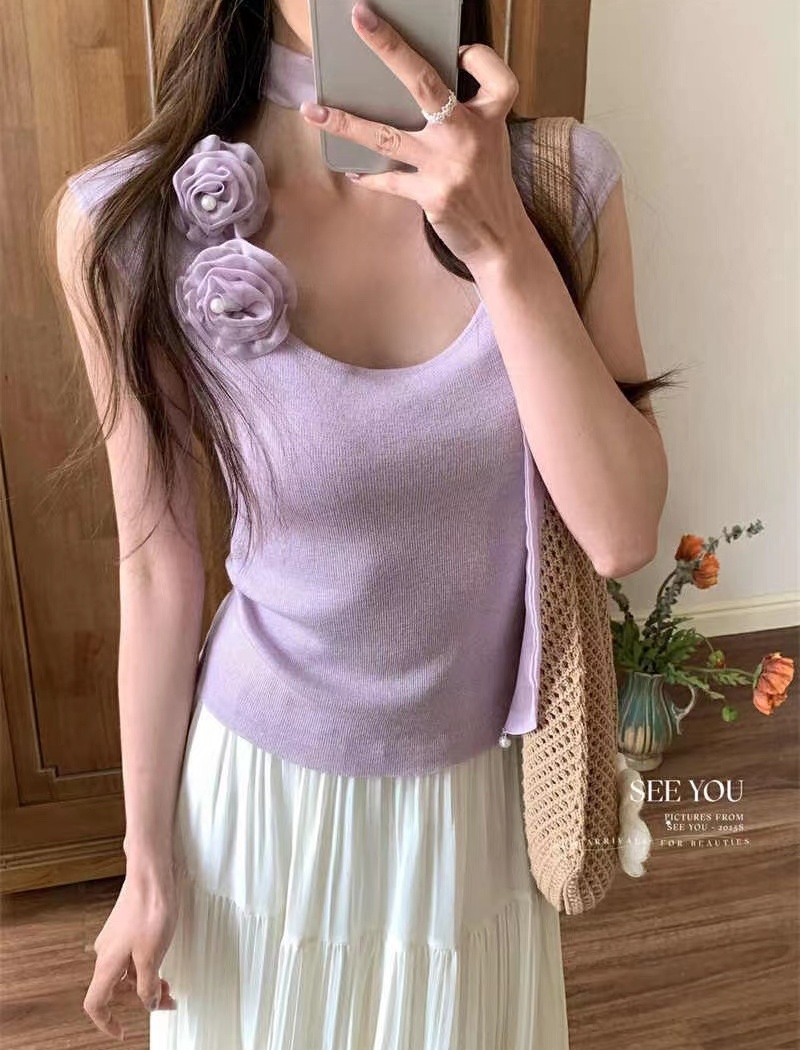 Knitted halter tops stereoscopic purple T-shirt for women