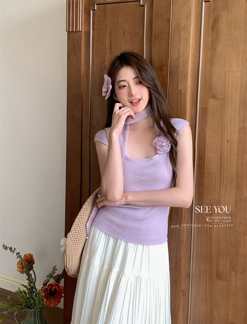 Knitted halter tops stereoscopic purple T-shirt for women