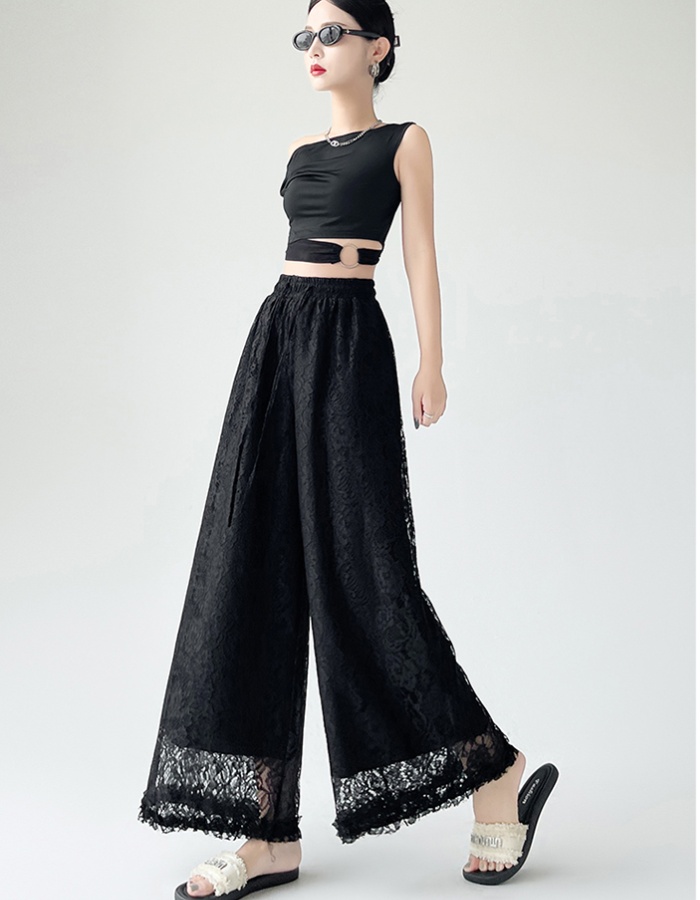 Hollow wide leg straight elastic long pants for women