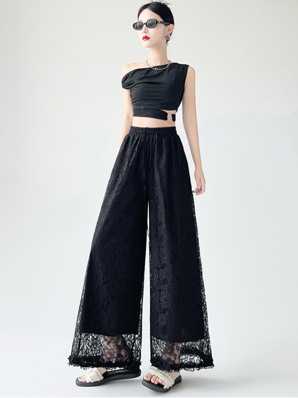 Hollow wide leg straight elastic long pants for women